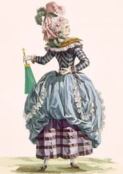 La Nymphe, gravada por Dupin, placa no.210 de Galeries des Modes et Costumes Francais, c.1778-87 99: vestuário; vestido tradicional; traje tradicional; moda; ilustração;